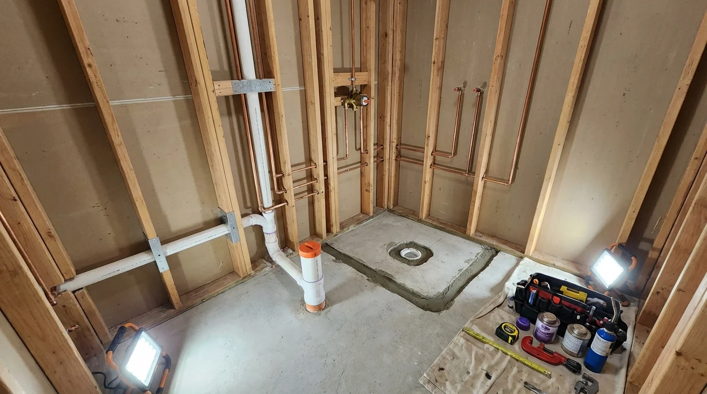 Bathroom rough-in plumbing during remodel by Johns Plumbing LLC in Sulphur