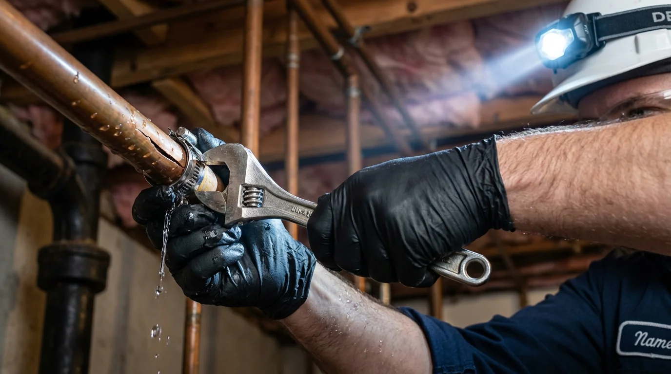 Emergency pipe clamp repair being performed by a Johns Plumbing LLC plumber in Sulphur