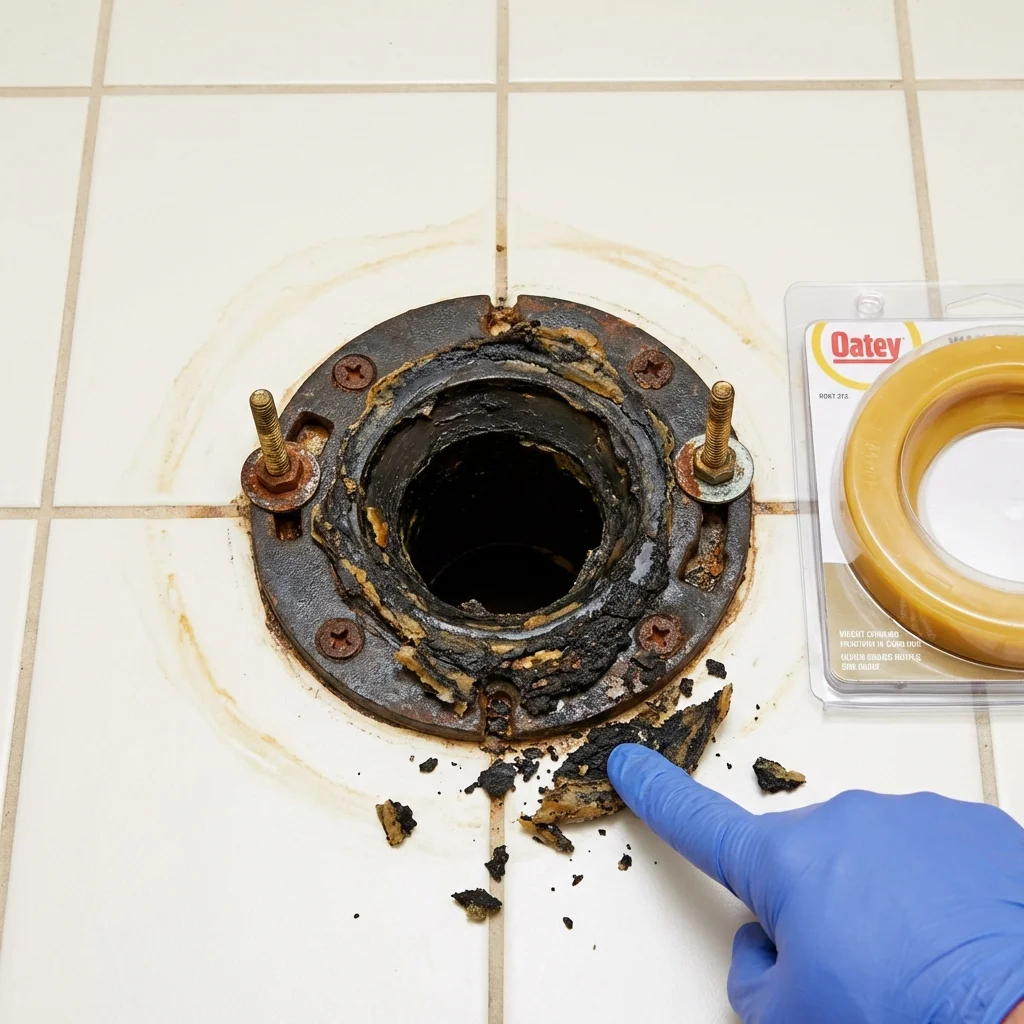 Failed wax ring showing water seepage at the base of a toilet in a Sulphur, OK home