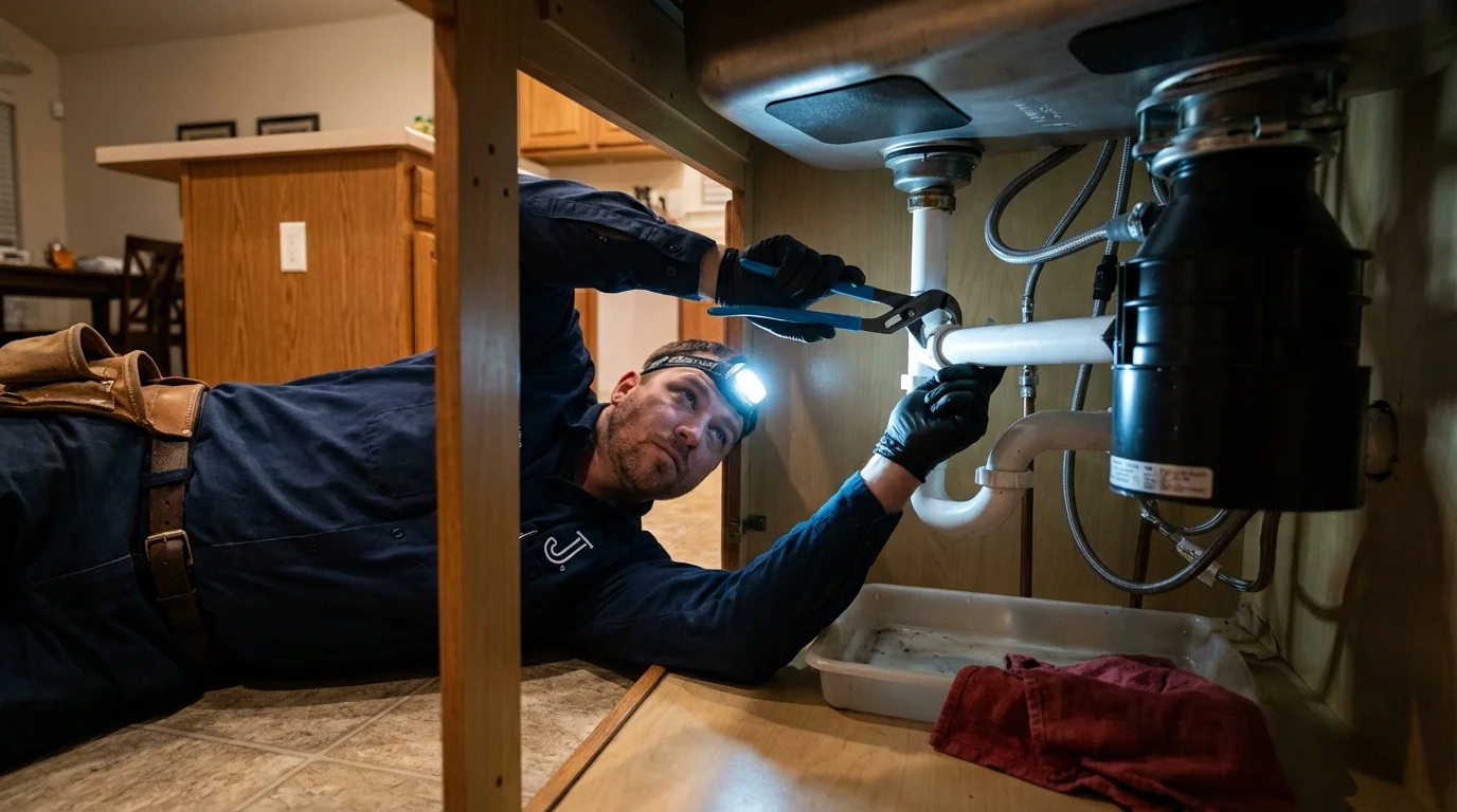 P-trap and supply line connections under a kitchen sink showing a common leak point in Sulphur, OK